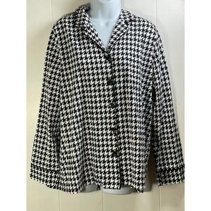 Kim Rogers Womens XL Intimates Houndstooth Pajama Top Black White Button Down